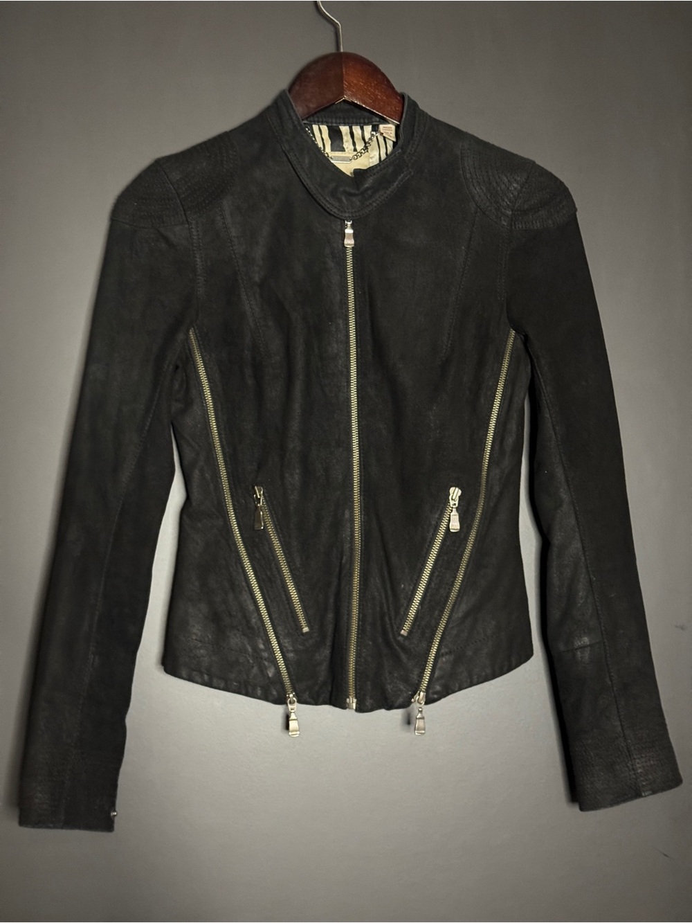 TED BAKER - Black Suede Moto Jacket with Silver Zippers - Size Small